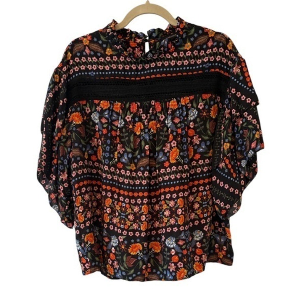 Olivaceous Floral Cottagecore Bohemian Short Sleeve Top Blouse Size Large - Picture 2 of 14